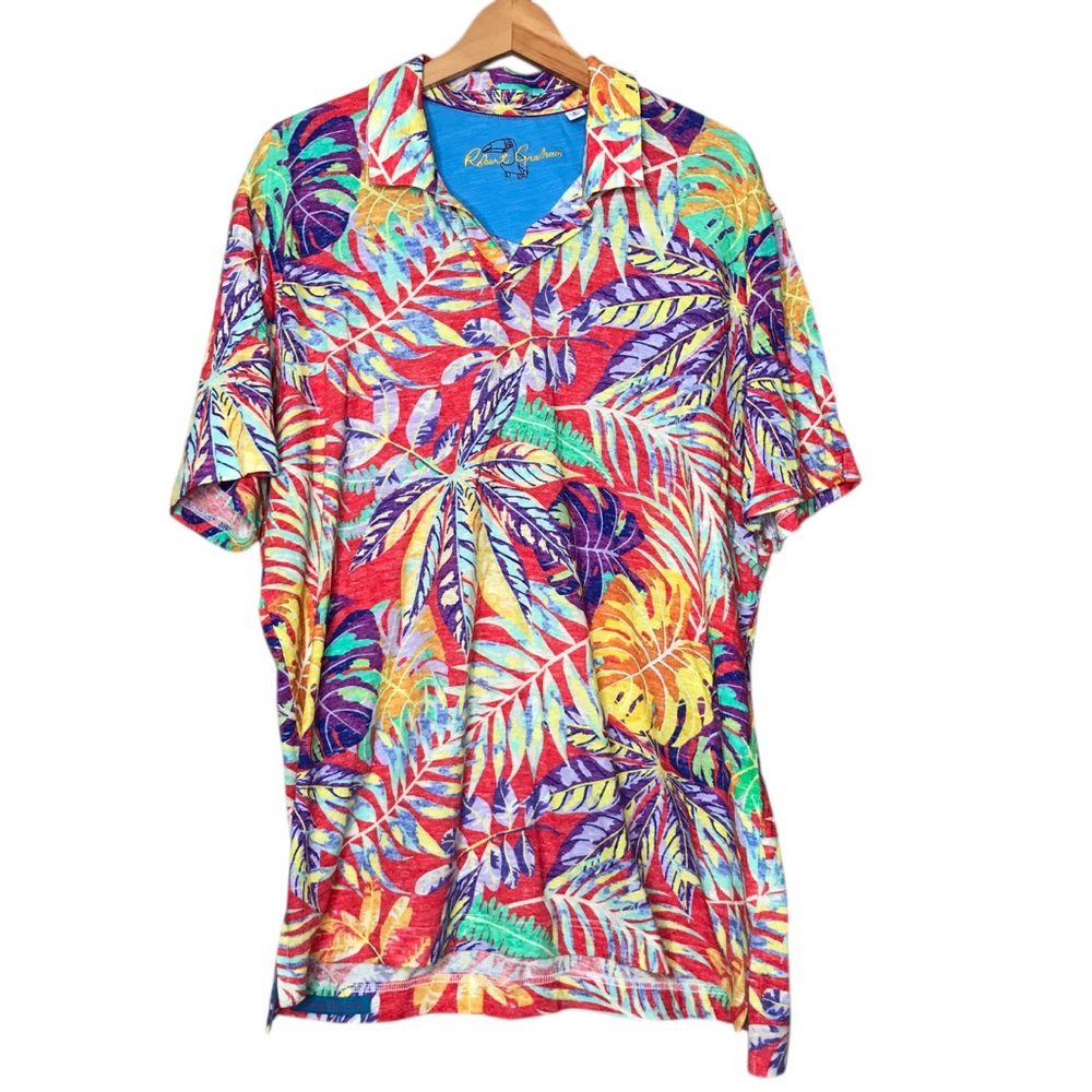 Robert Graham Polo Shirt V-Neck Tropical Short Sleeve Linen Cotton Men's Large